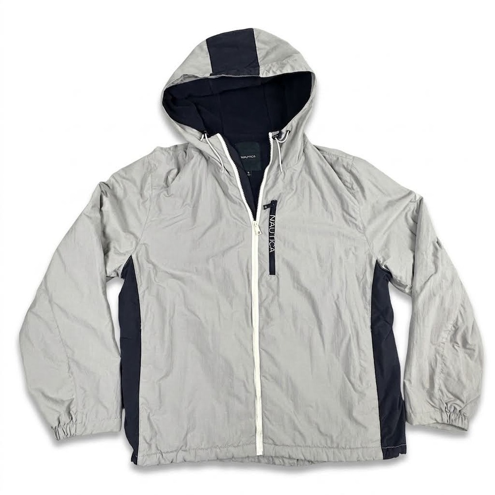 Nautica Mens XL Fleece Lined Hooded Windbreaker Jacket Grey Navy Blue Adjustable